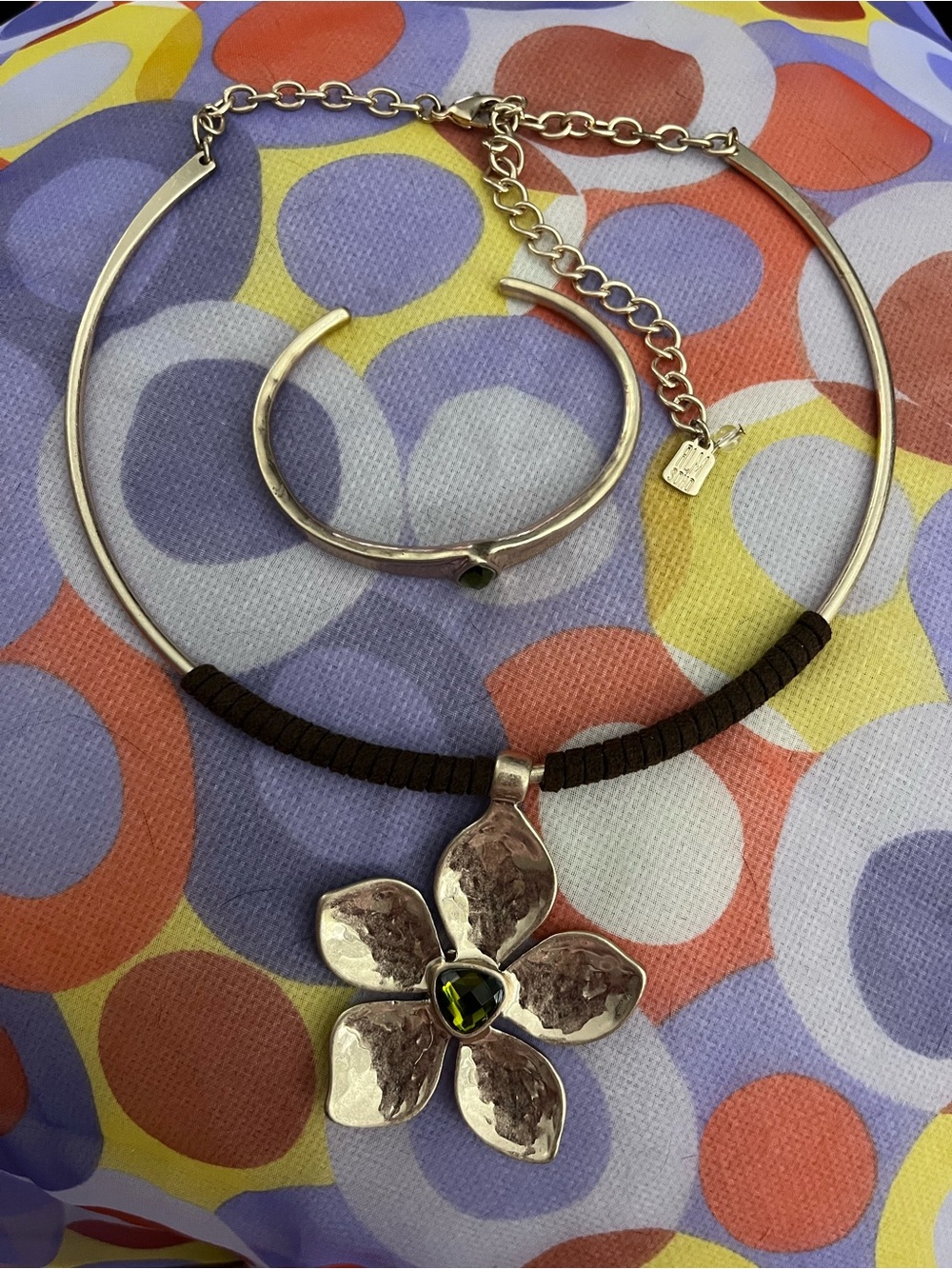 Robert Lee Morris RLM SoHo Vintage Hammered Flower Necklace Cuff Bracelet Green
